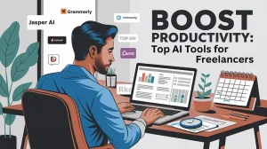 Freelancer using AI tools on a laptop to save time and boost productivity.