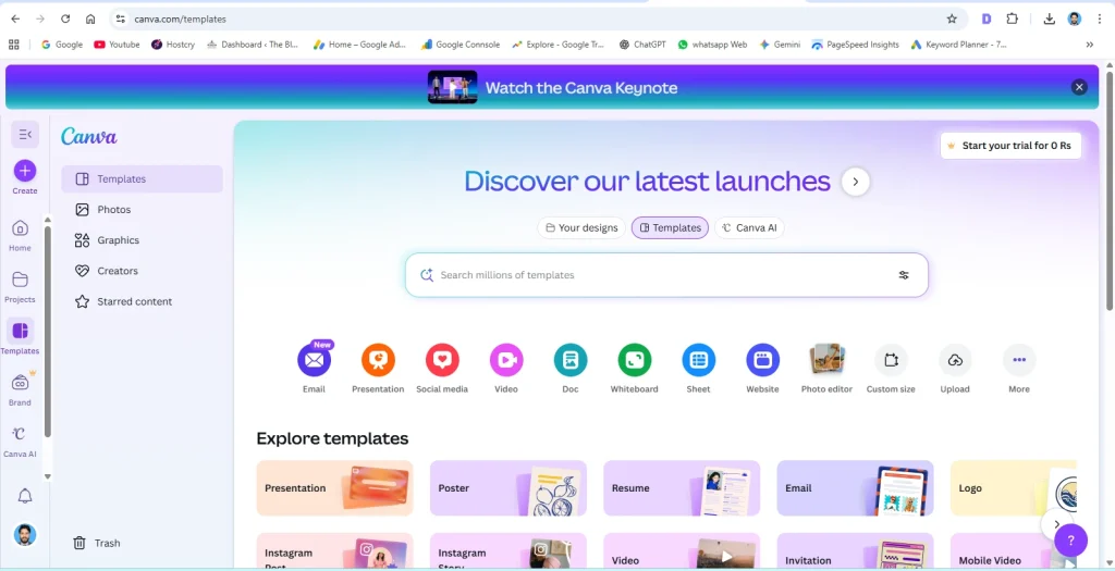Canva homepage for creating freelance portfolio graphics and websites.