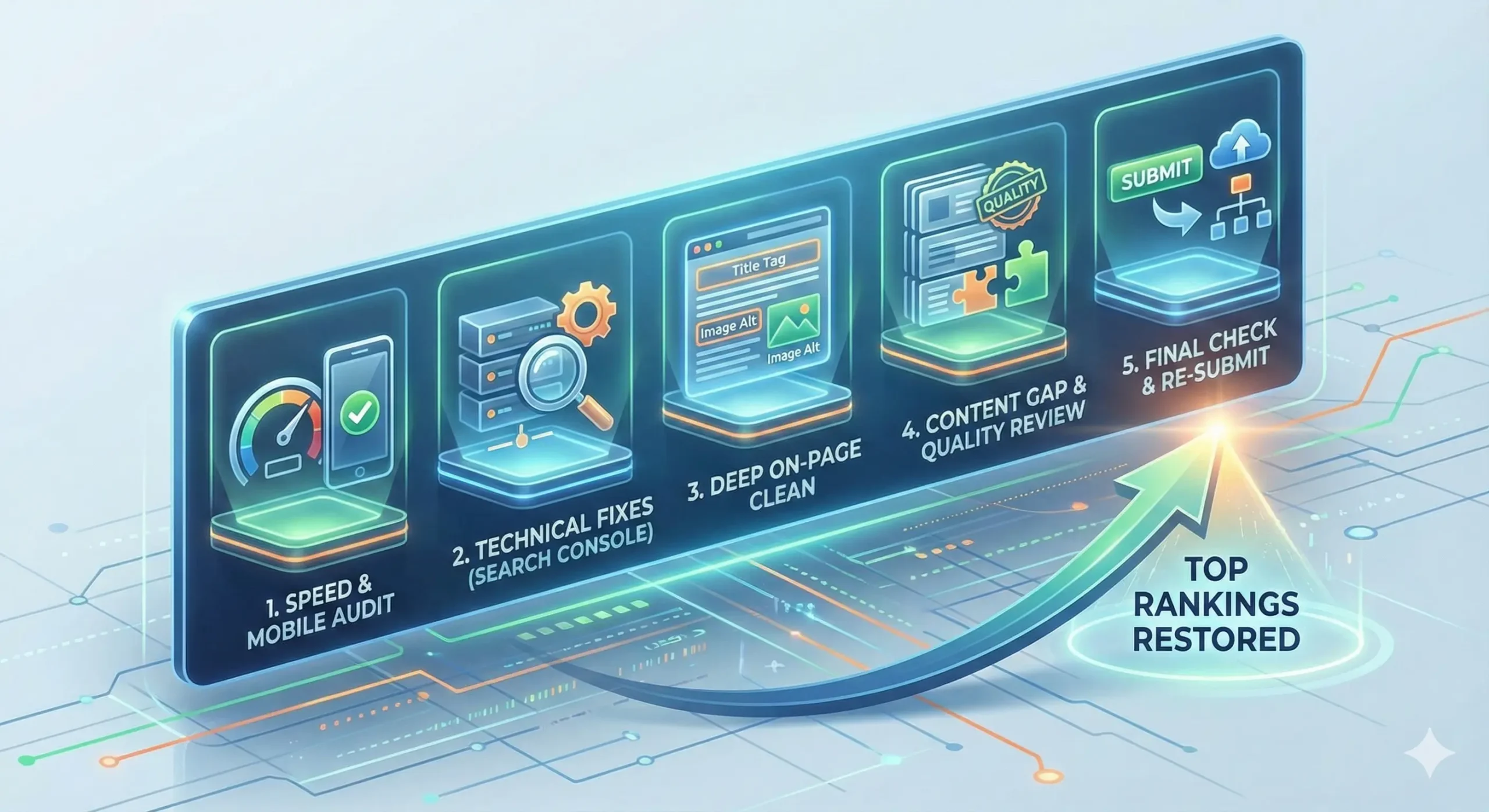 Digital illustration showing the 5-Step SEO Audit Checklist leading to restored top rankings.