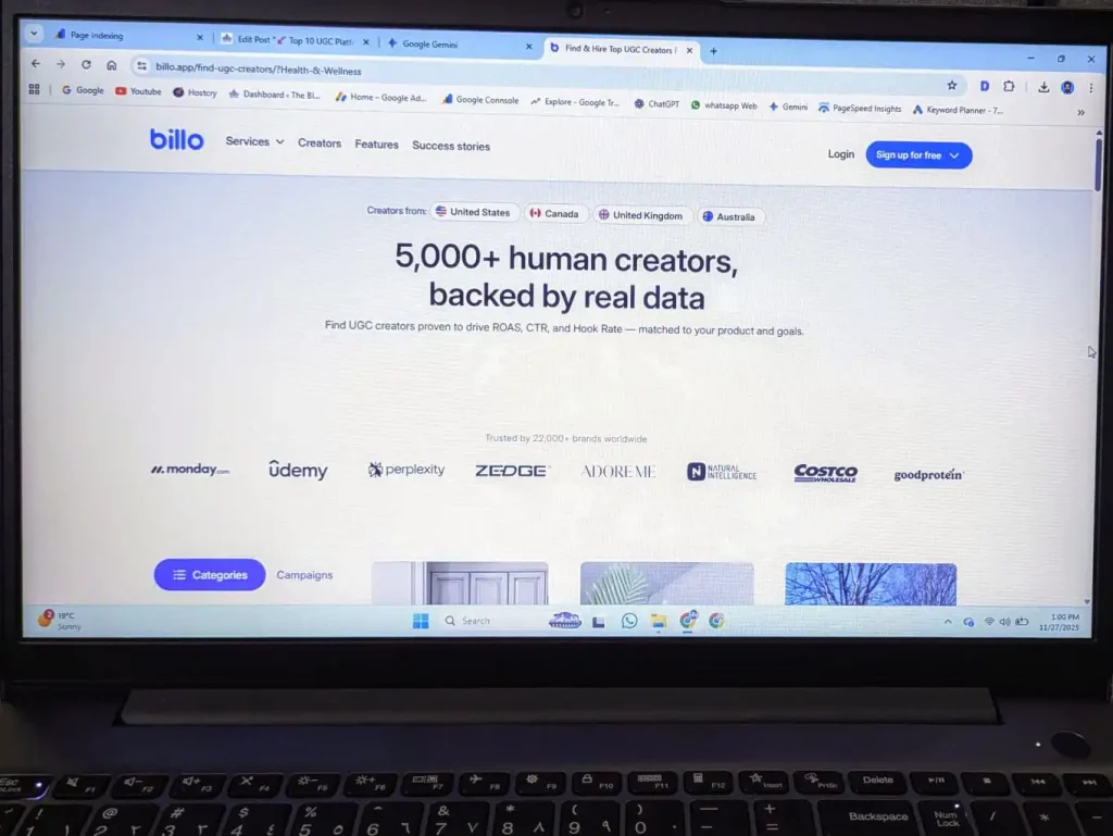 Billo platform website showing 5,000+ human creators for UGC jobs.