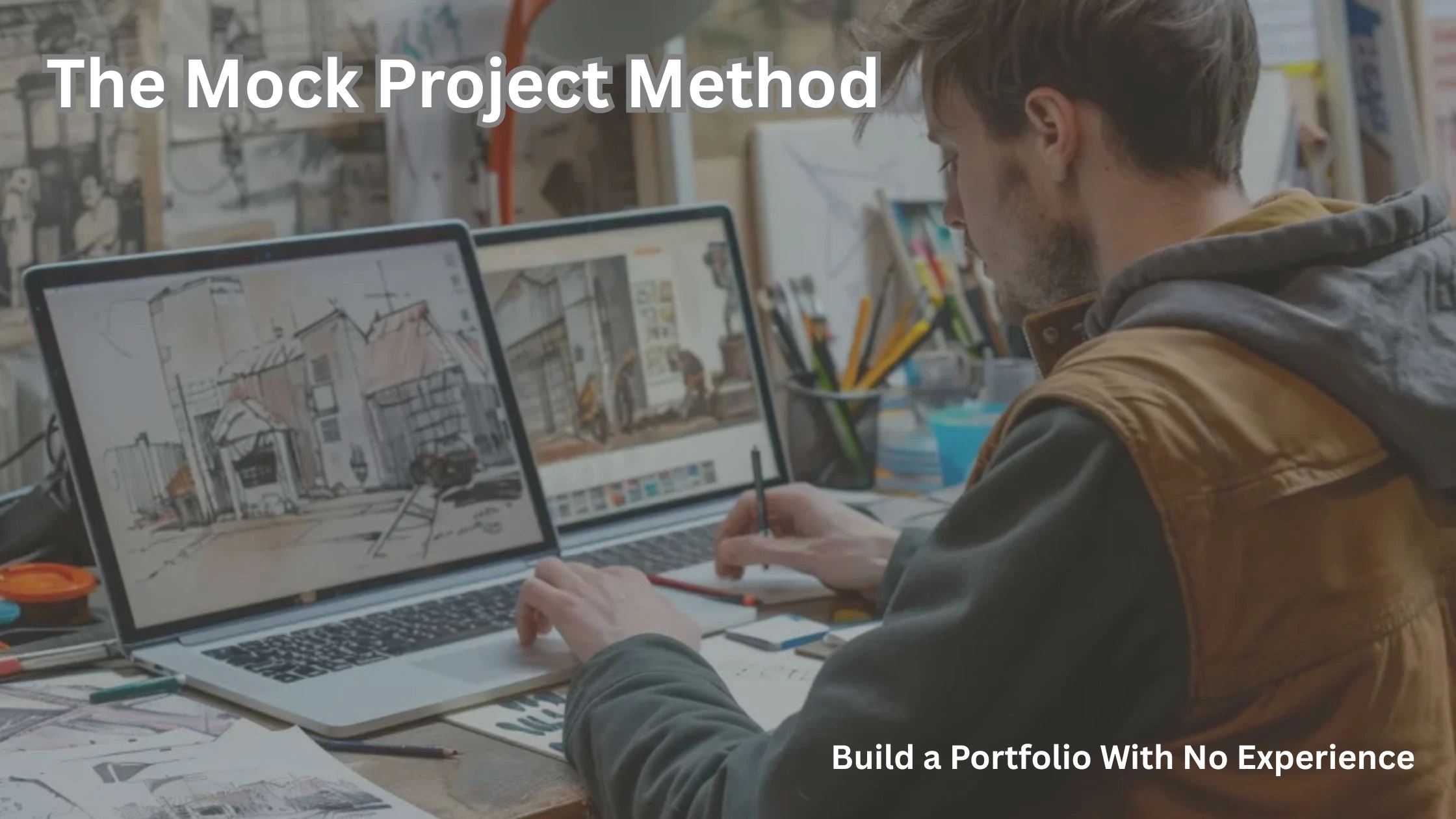 Freelancer working on a laptop to build a writing portfolio with no experience.
