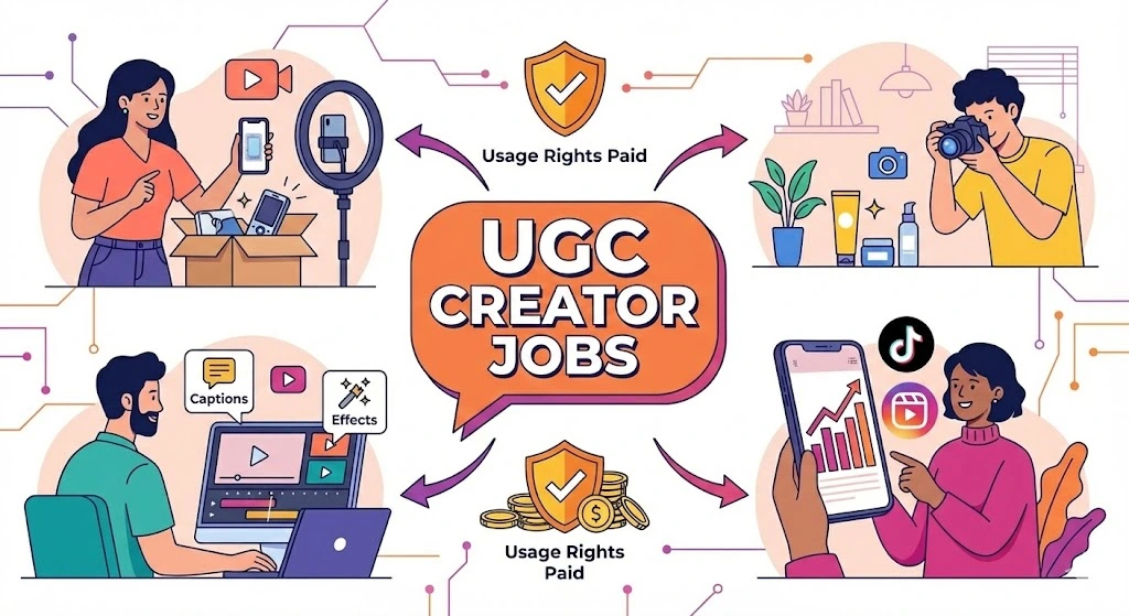 Illustration showing four key UGC creator tasks: filming unboxing videos, product photography, video editing, and tracking social media stats.