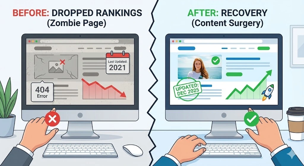 Illustration of a website content audit showing a computer screen with a checklist for reviving dead pages and removing zombie content, surrounded by digital recovery tools.