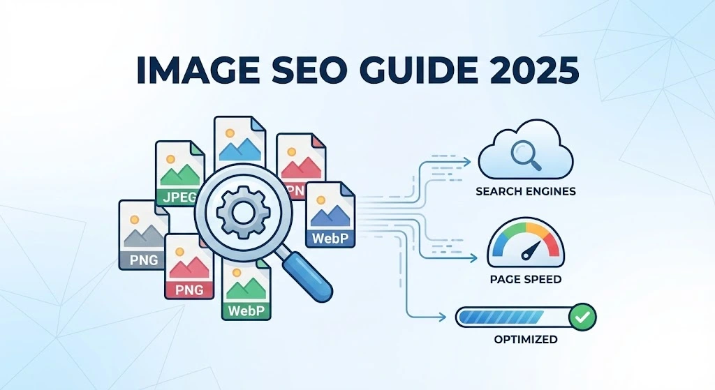Illustration for Image SEO Guide 2025 showing file formats like JPEG, PNG, and WebP connected to search engine rankings and page speed.