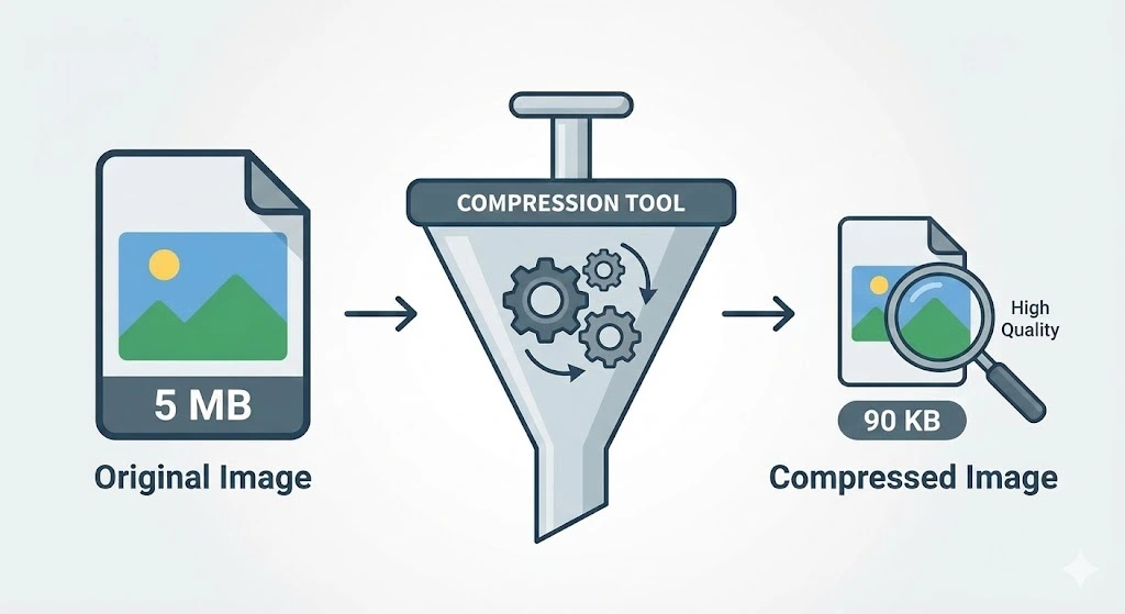 Illustration of a compression funnel reducing a large 5MB image file down to a small optimized 90KB file.