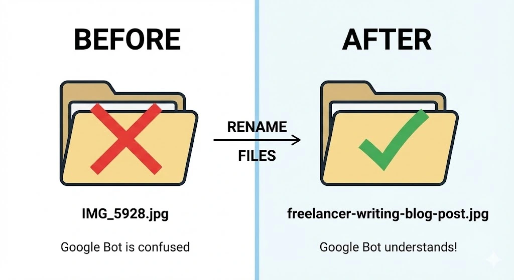 Comparison showing a bad filename IMG_5928.jpg versus a good SEO filename freelancer-writing-blog-post.jpg.