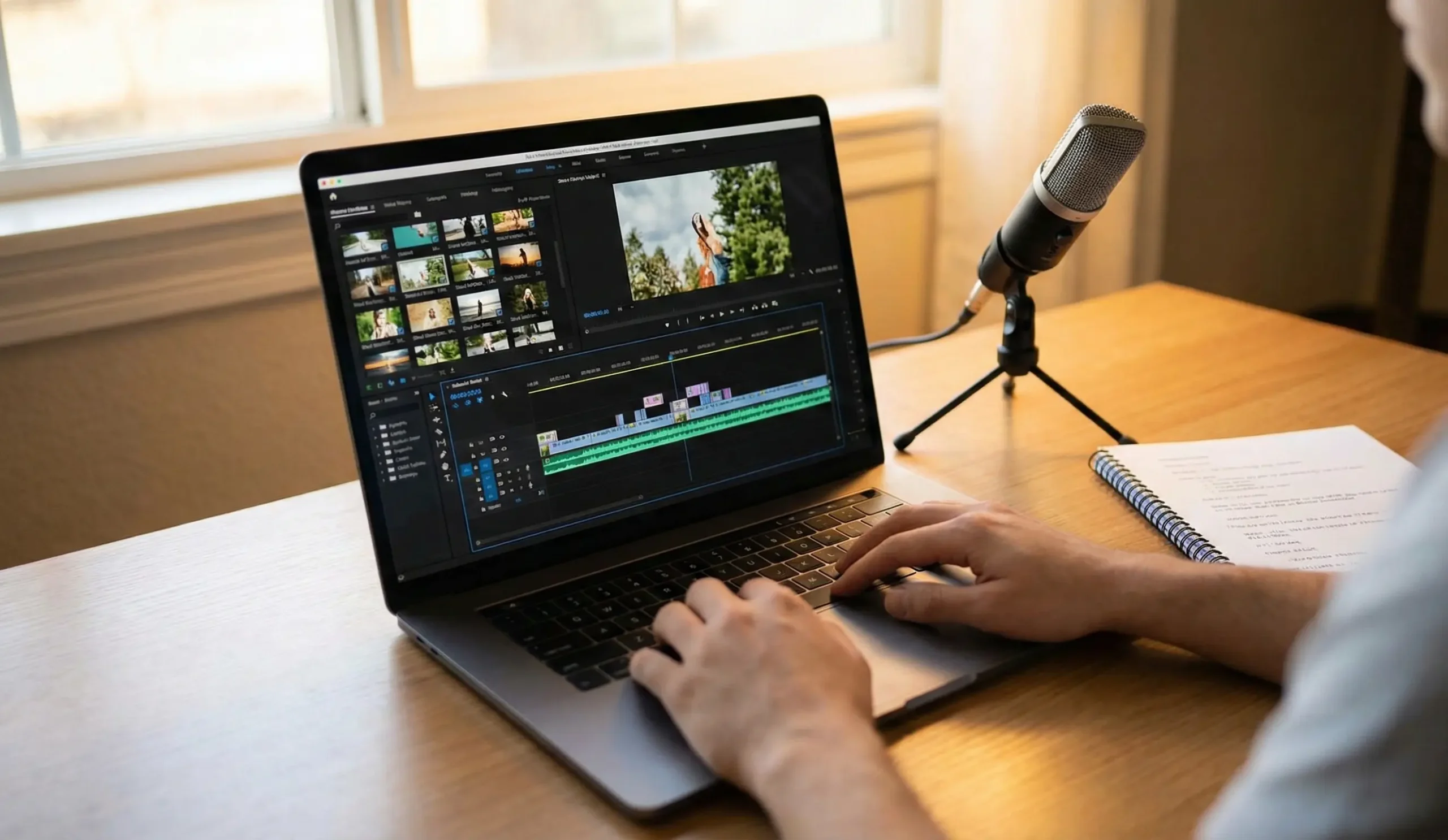 Workspace with laptop and microphone for Freelancing for Faceless YouTube Channels.