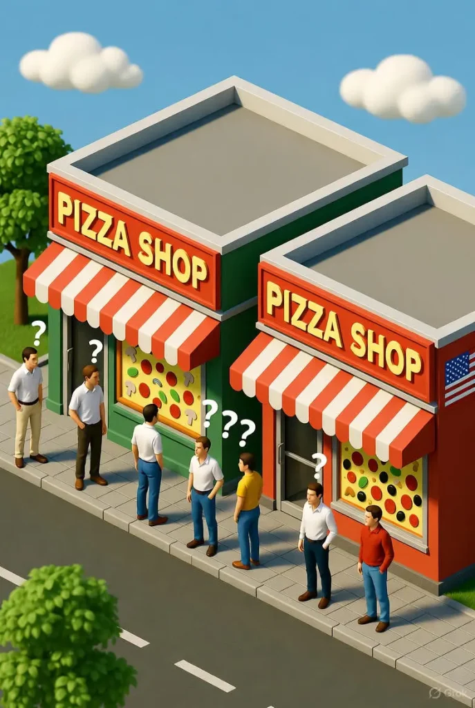 Two identical pizza shops next to each other representing keyword cannibalization and confused customers.