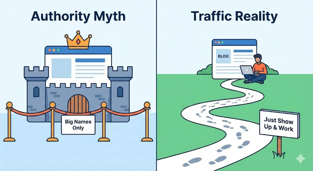 An illustration showing the "Authority Myth" versus the reality that you can get traffic without authority just by showing up and doing the work.

