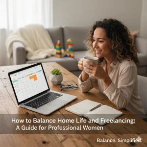 A professional woman smiling while balancing work and home life on her laptop.