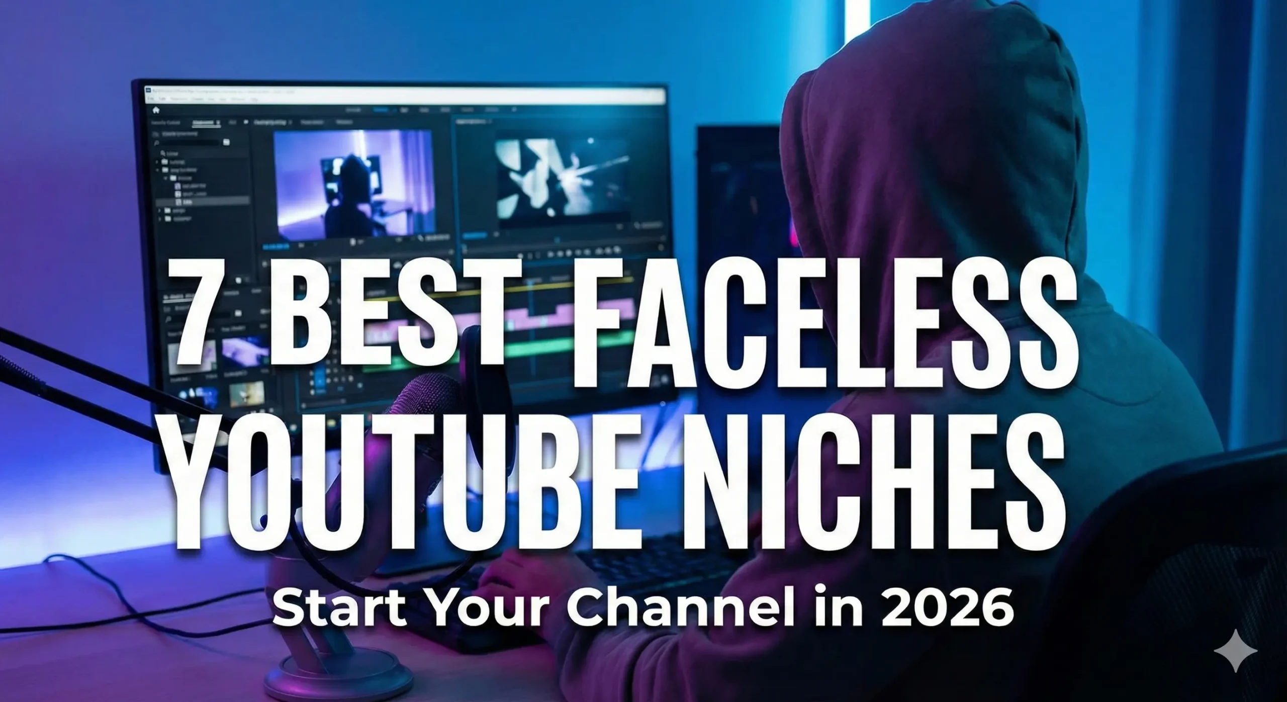 A creator in a hoodie editing video at a desk with a microphone, featuring the title 7 Best Faceless YouTube Niches to Start in 2026.