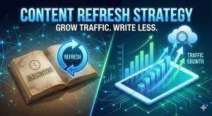 A digital illustration depicting the Content Refresh Strategy, showing how updating old blog posts improves website traffic.