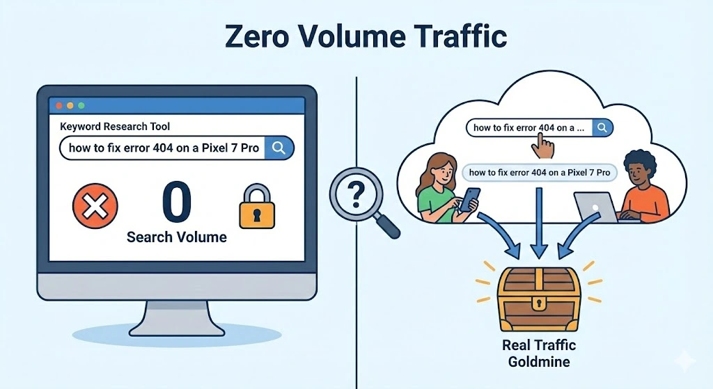 A diagram showing that even when tools show "zero volume" for keywords, real people are actively searching, which is how new sites get traffic without authority.