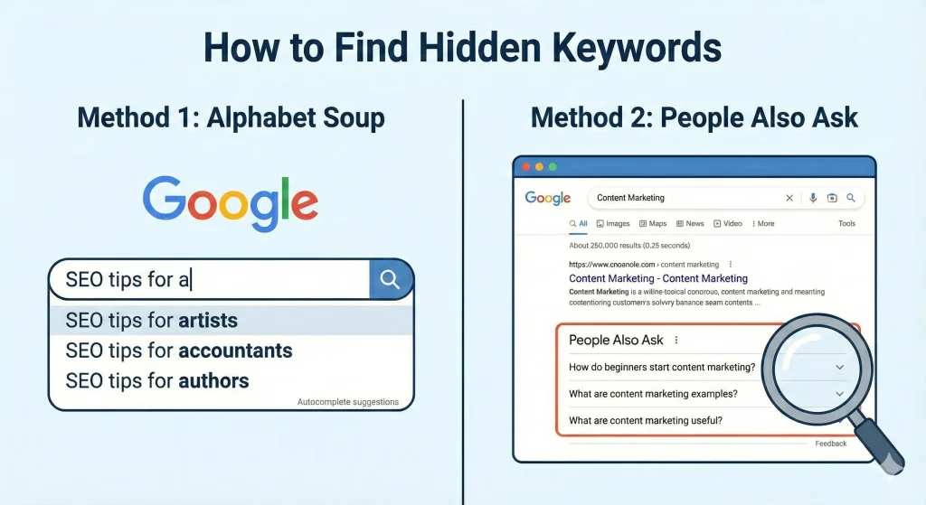 Infographic showing two methods to find hidden keywords: using Google's Alphabet Soup autocomplete and the People Also Ask section.
