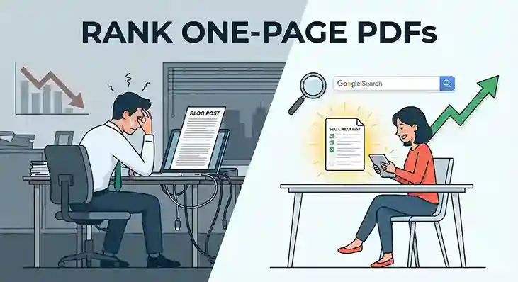 Comparison illustration showing a long blog post versus a simple one-page checklist, demonstrating the strategy to rank PDF files on Google search.