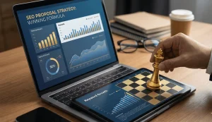 Laptop workspace showing data charts and a checklist for a winning SEO proposal strategy.