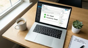 Laptop on desk displaying green Yoast SEO and Readability scores in WordPress editor