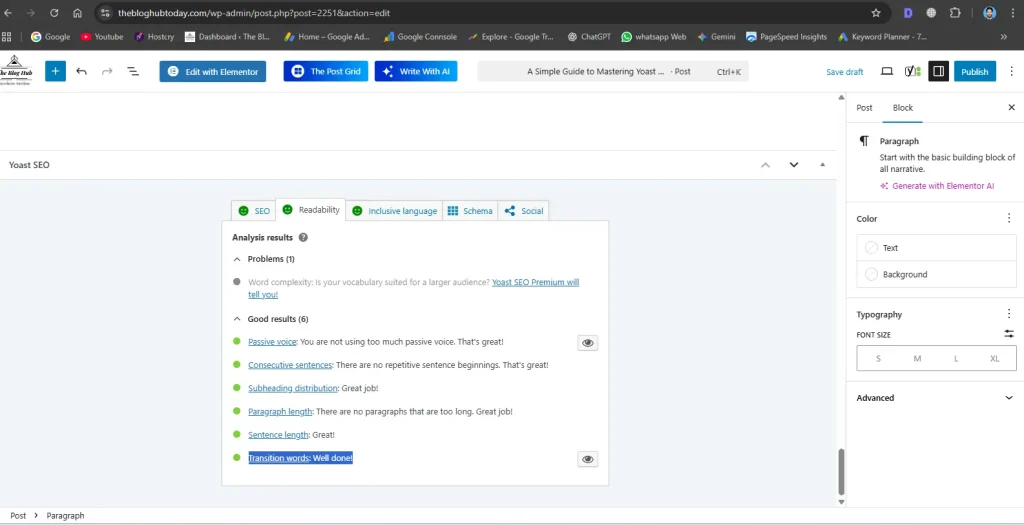 Laptop screen showing Yoast SEO green lights and successful content score